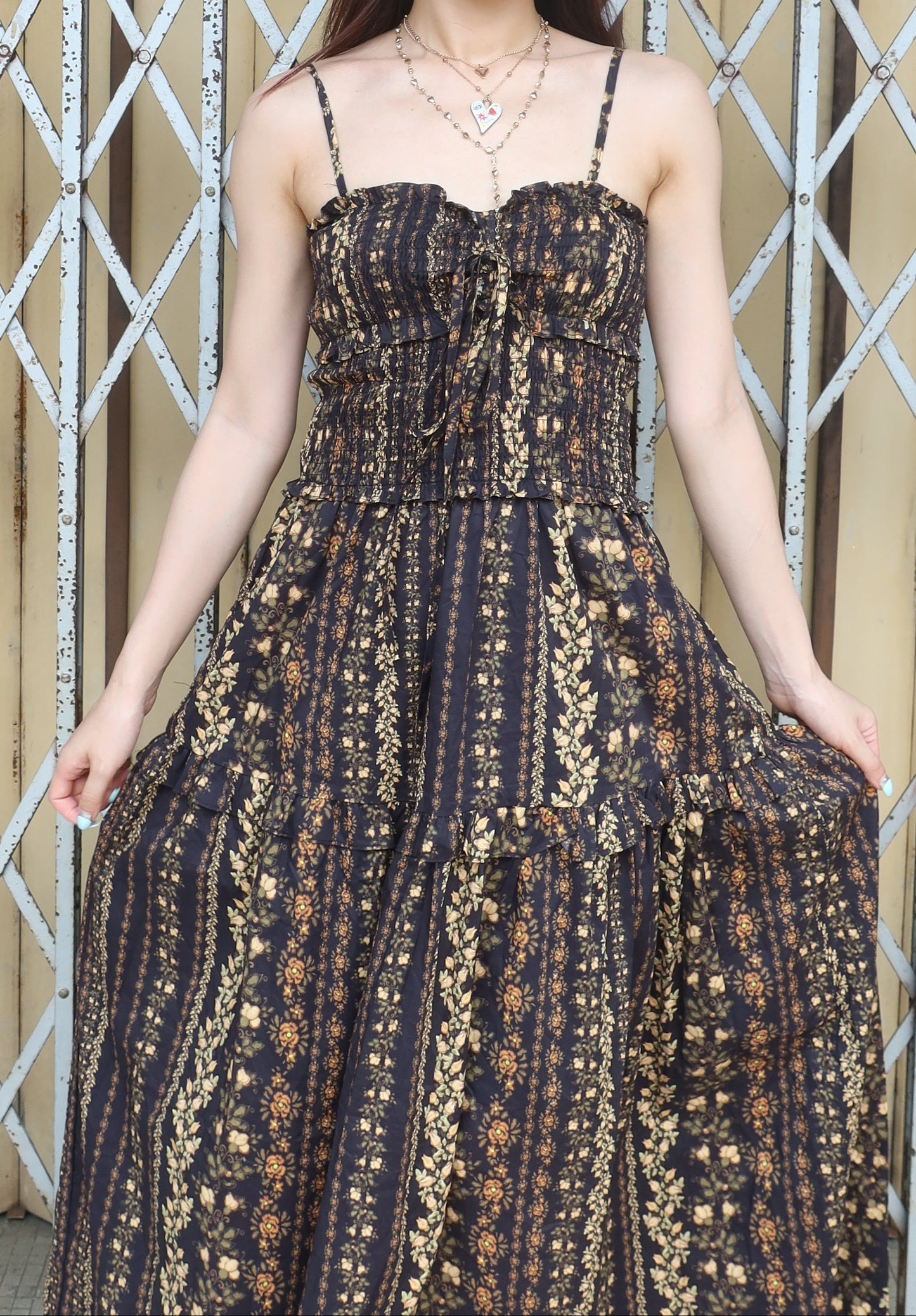 Long Floral Print Dress黑色印花长款连衣裙