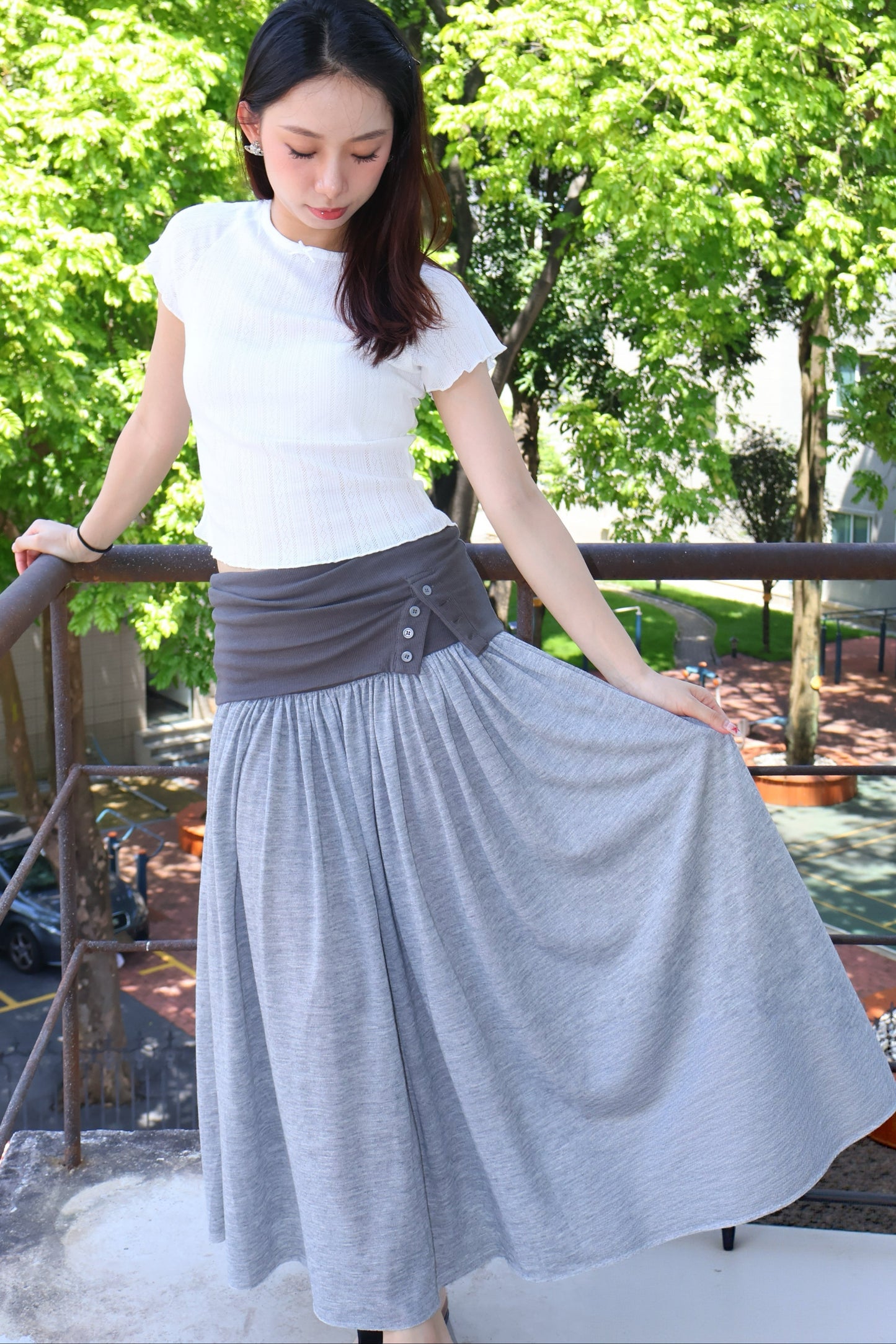 Belle Design Grey Patchwork Pleated Mixi Skirt 灰色拼接褶皱半身长裙