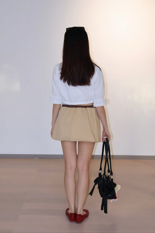 Cute Shirt+Coffee Khaki Mini Skirt韩系减龄学院风