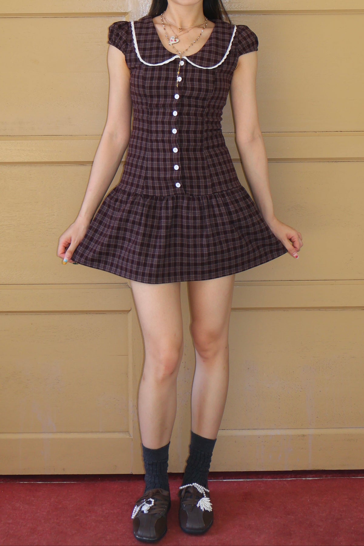 Merlot Farmhouse-Inspired Plaid Dress 美式复古～格子连衣裙