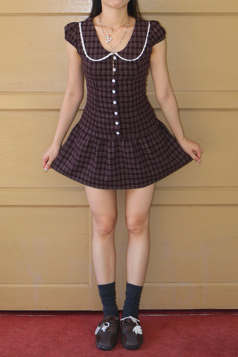 Merlot Farmhouse-Inspired Plaid Dress 美式复古～格子连衣裙