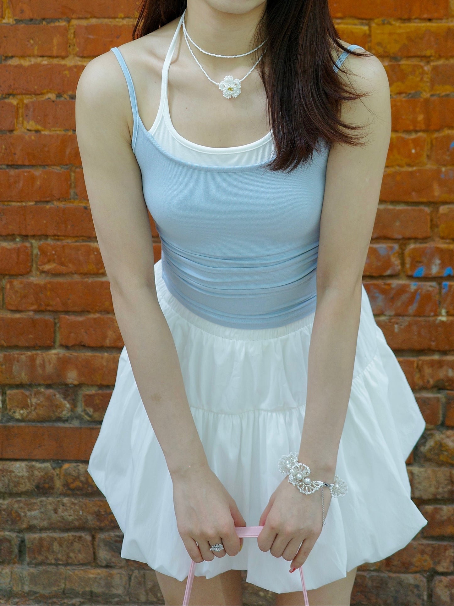 Basic Halter Neck Tie Top 假两件挂脖绑带吊带 高弹力～