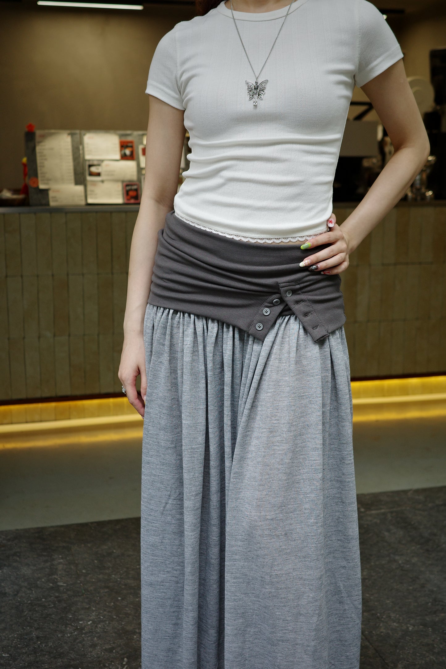Belle Design Grey Patchwork Pleated Mixi Skirt 灰色拼接褶皱半身长裙