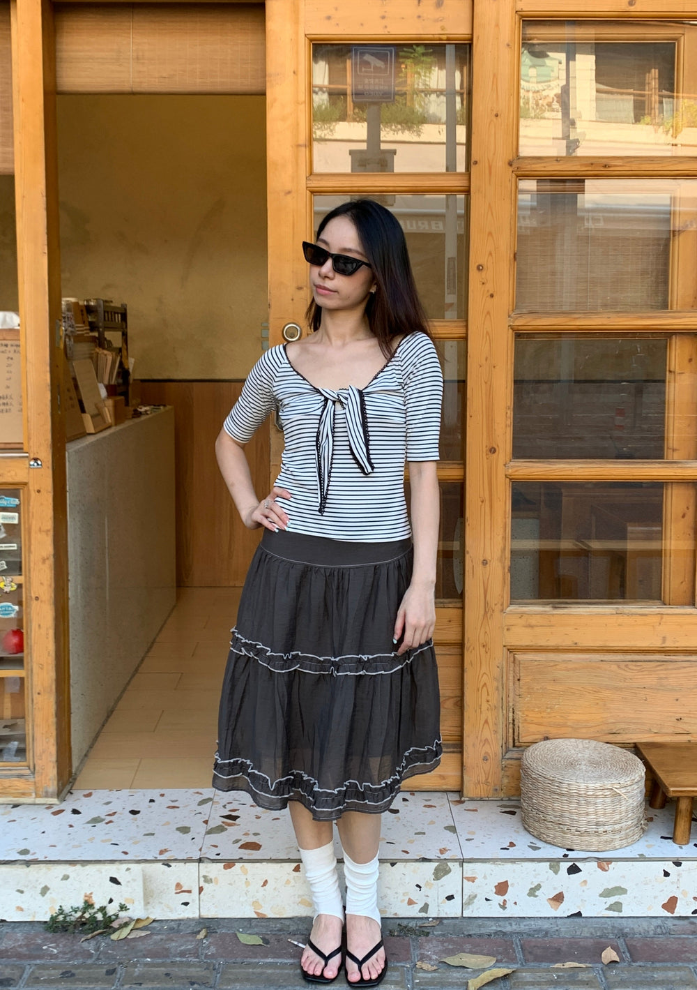Striped Chest Tie Top胸口绑带条纹上衣