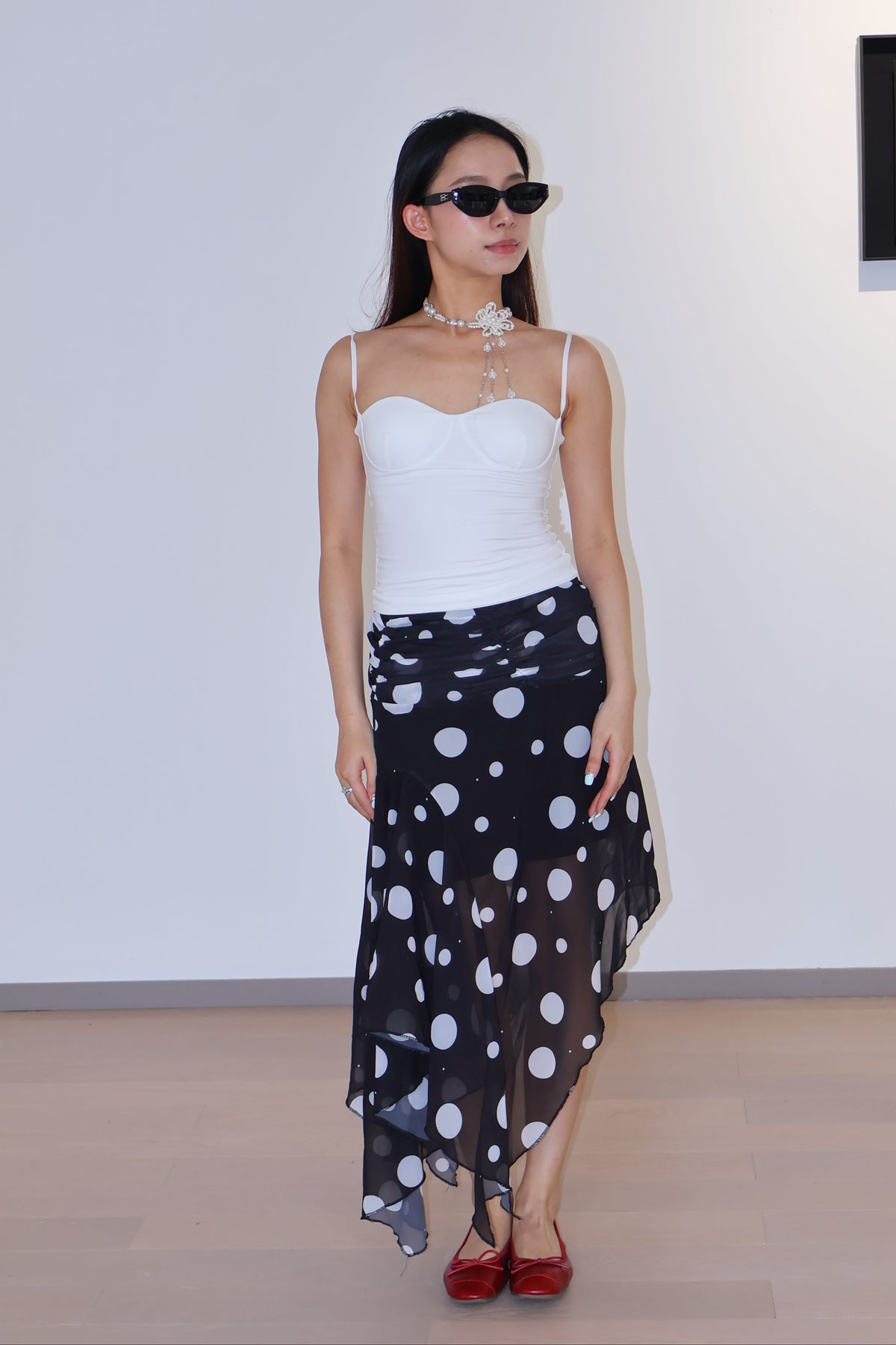 Asymmetrical Polka Dot Slit Midi Skirt不规则波点开衩半身裙