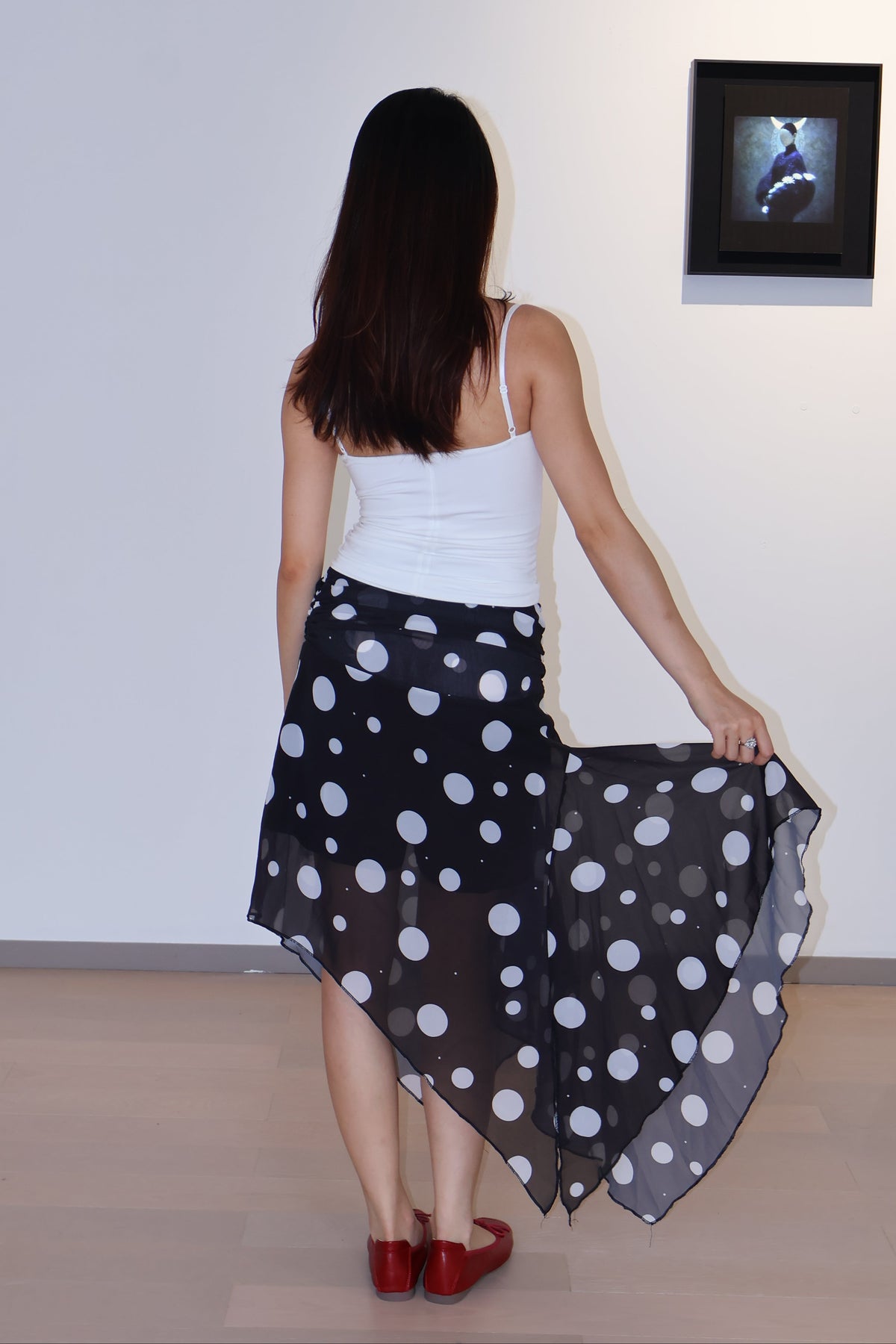 Asymmetrical Polka Dot Slit Midi Skirt不规则波点开衩半身裙