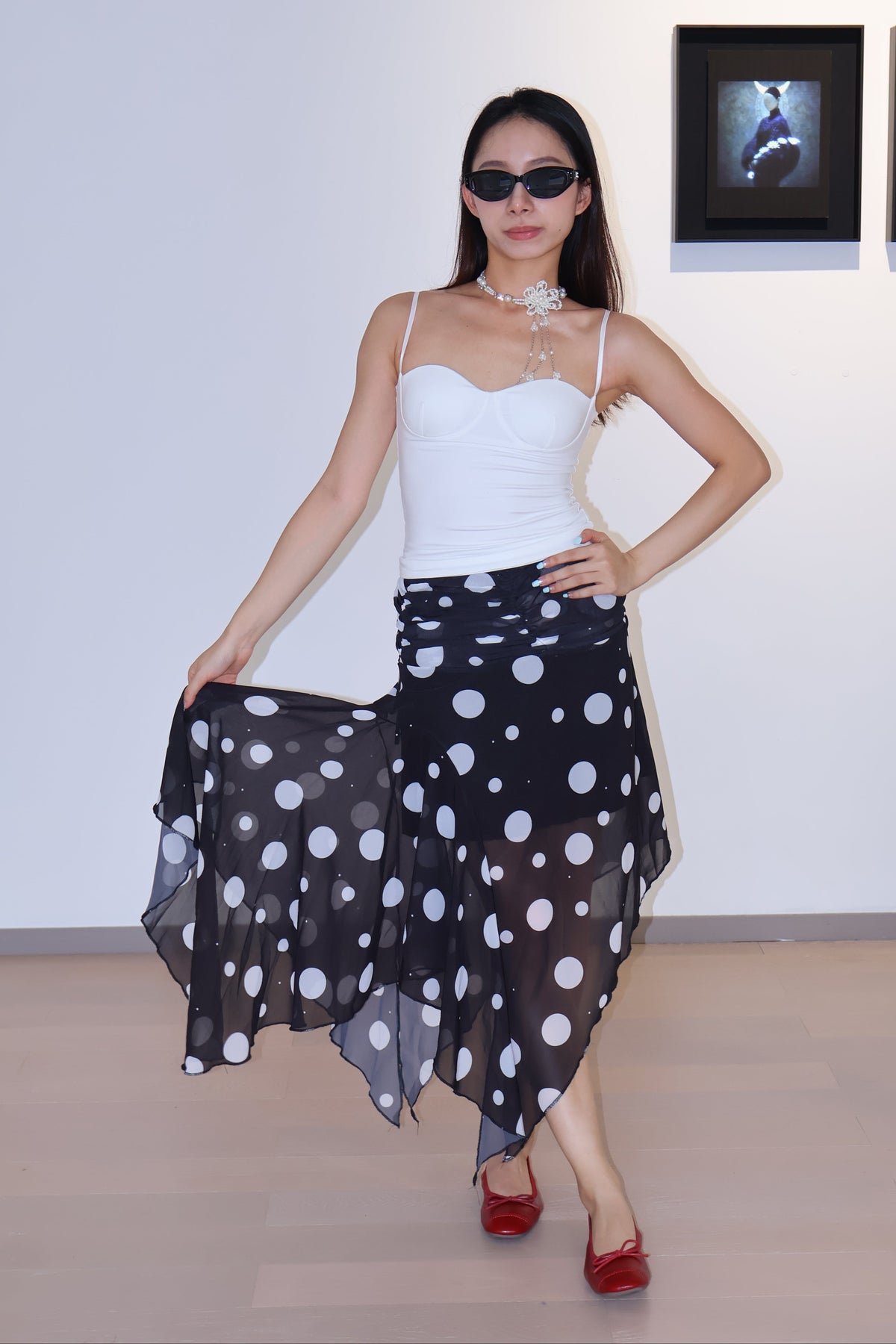 Asymmetrical Polka Dot Slit Midi Skirt不规则波点开衩半身裙
