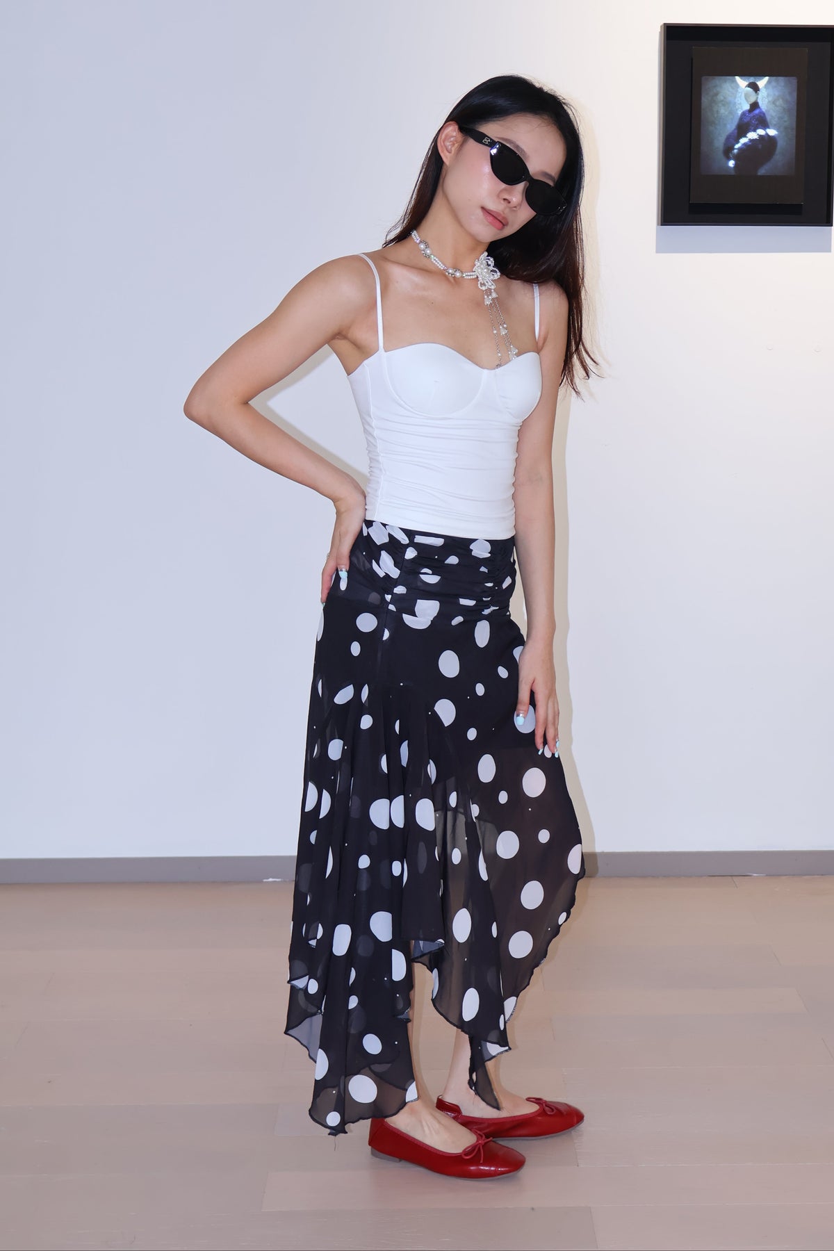 Asymmetrical Polka Dot Slit Midi Skirt不规则波点开衩半身裙