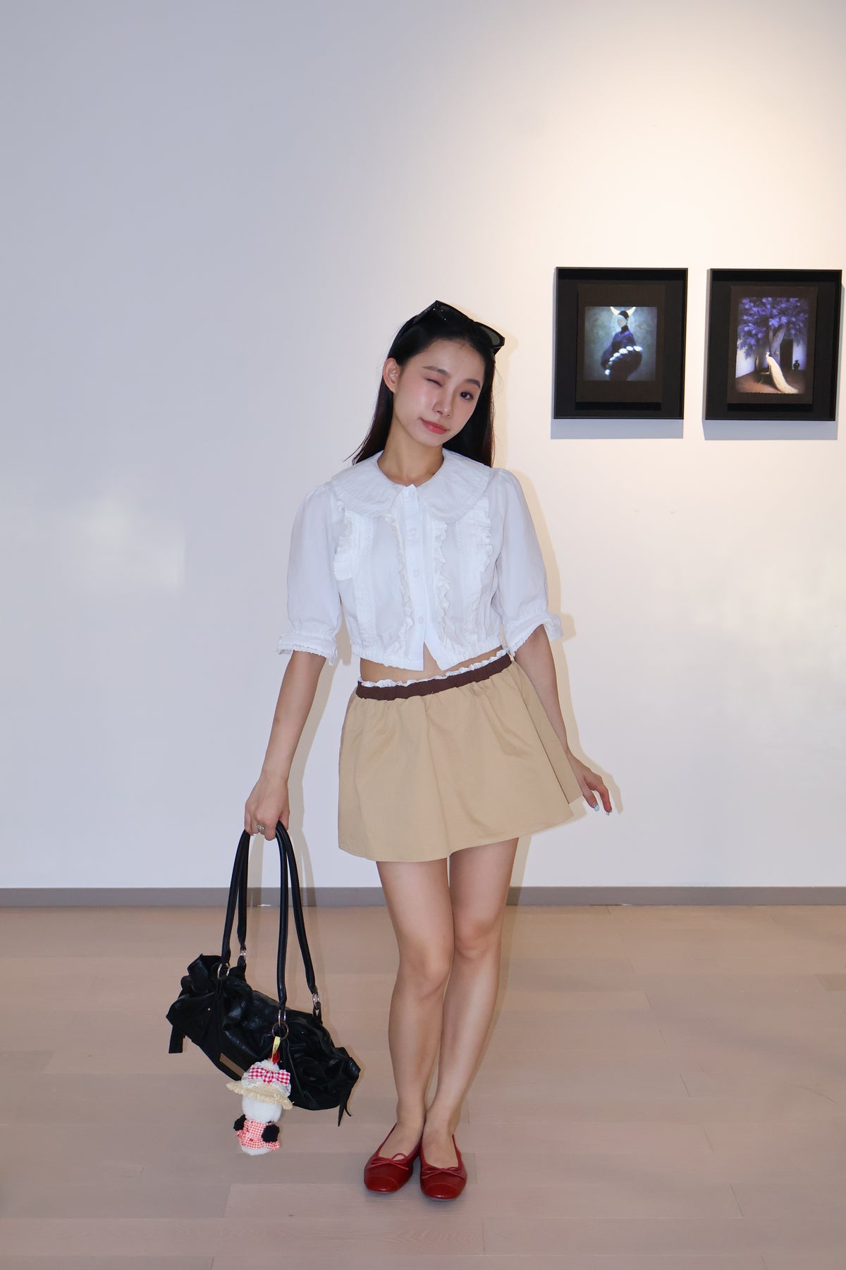Cute Shirt+Coffee Khaki Mini Skirt韩系减龄学院风