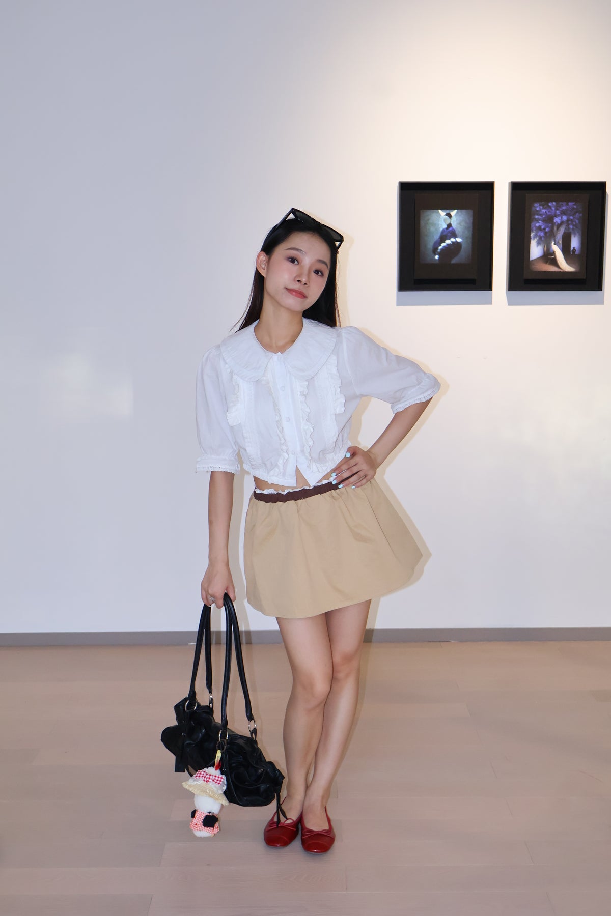 Cute Shirt+Coffee Khaki Mini Skirt韩系减龄学院风
