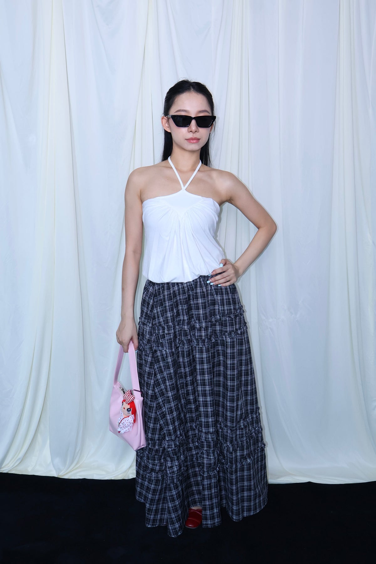 Lace Trim Plaid Skirt花边格纹半身长裙