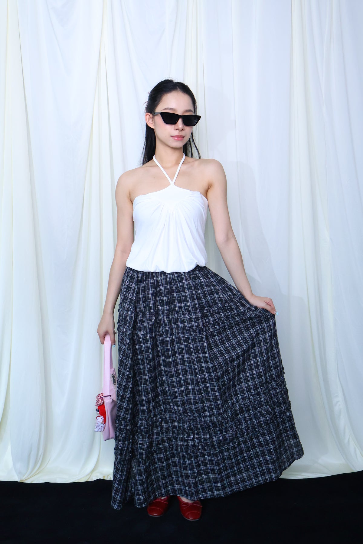 Lace Trim Plaid Skirt花边格纹半身长裙