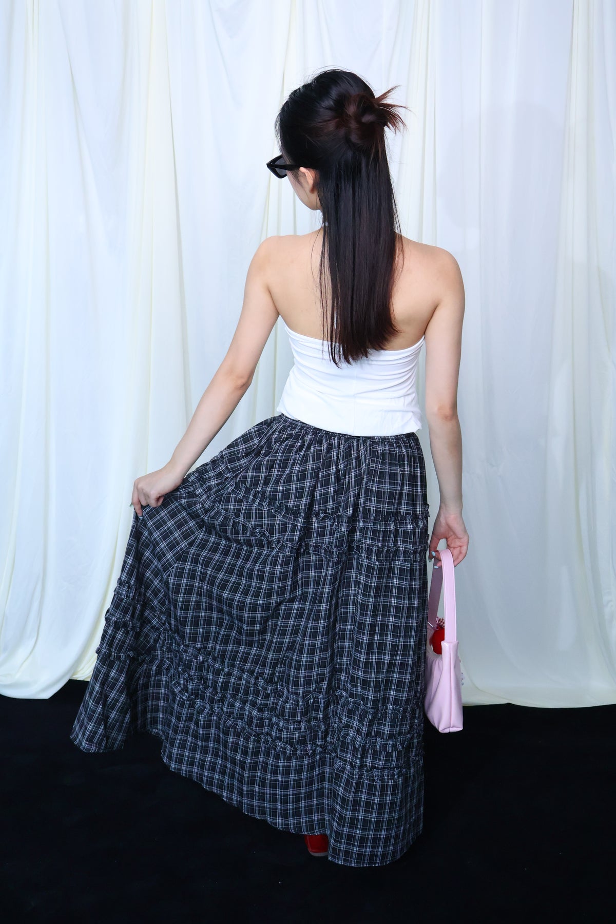 Lace Trim Plaid Skirt花边格纹半身长裙