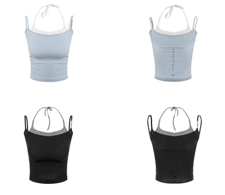 Basic Halter Neck Tie Top 假两件挂脖绑带吊带 高弹力～