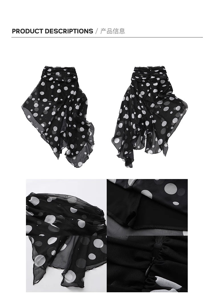 Asymmetrical Polka Dot Slit Midi Skirt不规则波点开衩半身裙