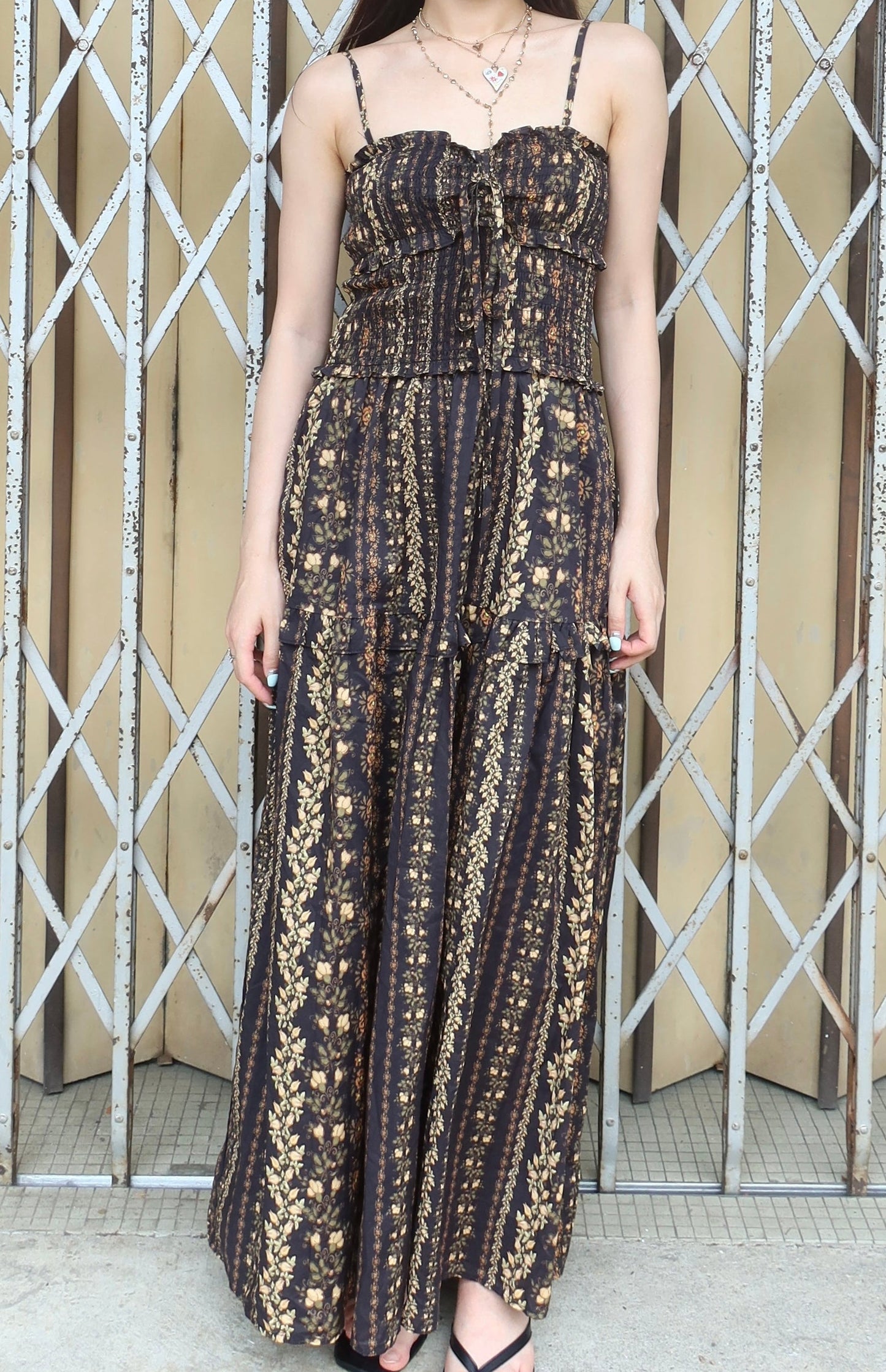 Long Floral Print Dress黑色印花长款连衣裙