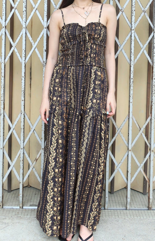 Long Floral Print Dress黑色印花长款连衣裙