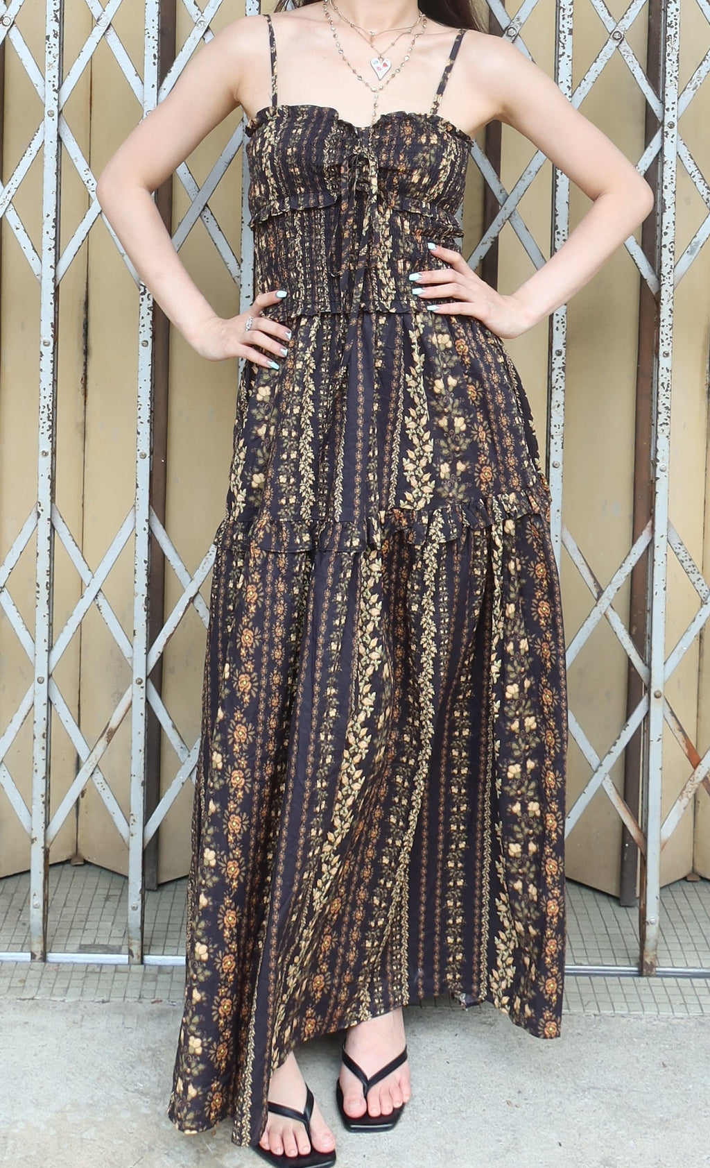 Long Floral Print Dress黑色印花长款连衣裙