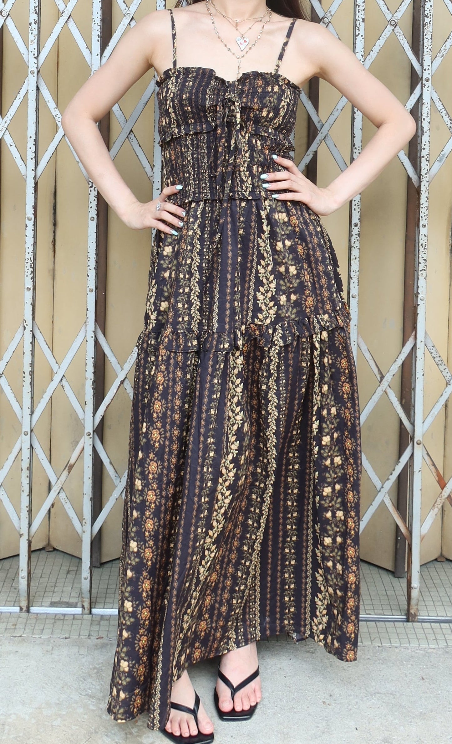 Long Floral Print Dress黑色印花长款连衣裙