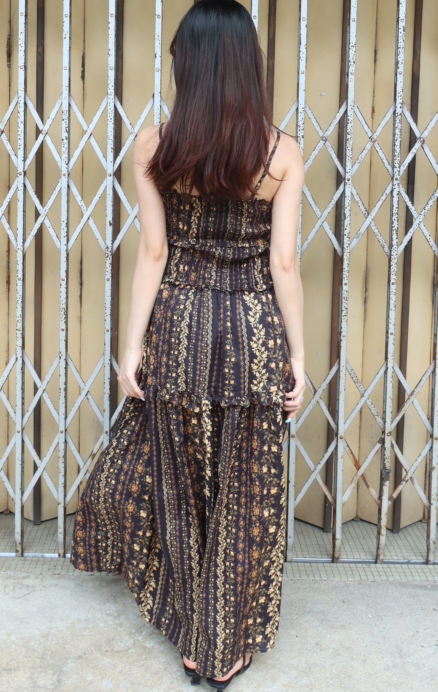 Long Floral Print Dress黑色印花长款连衣裙