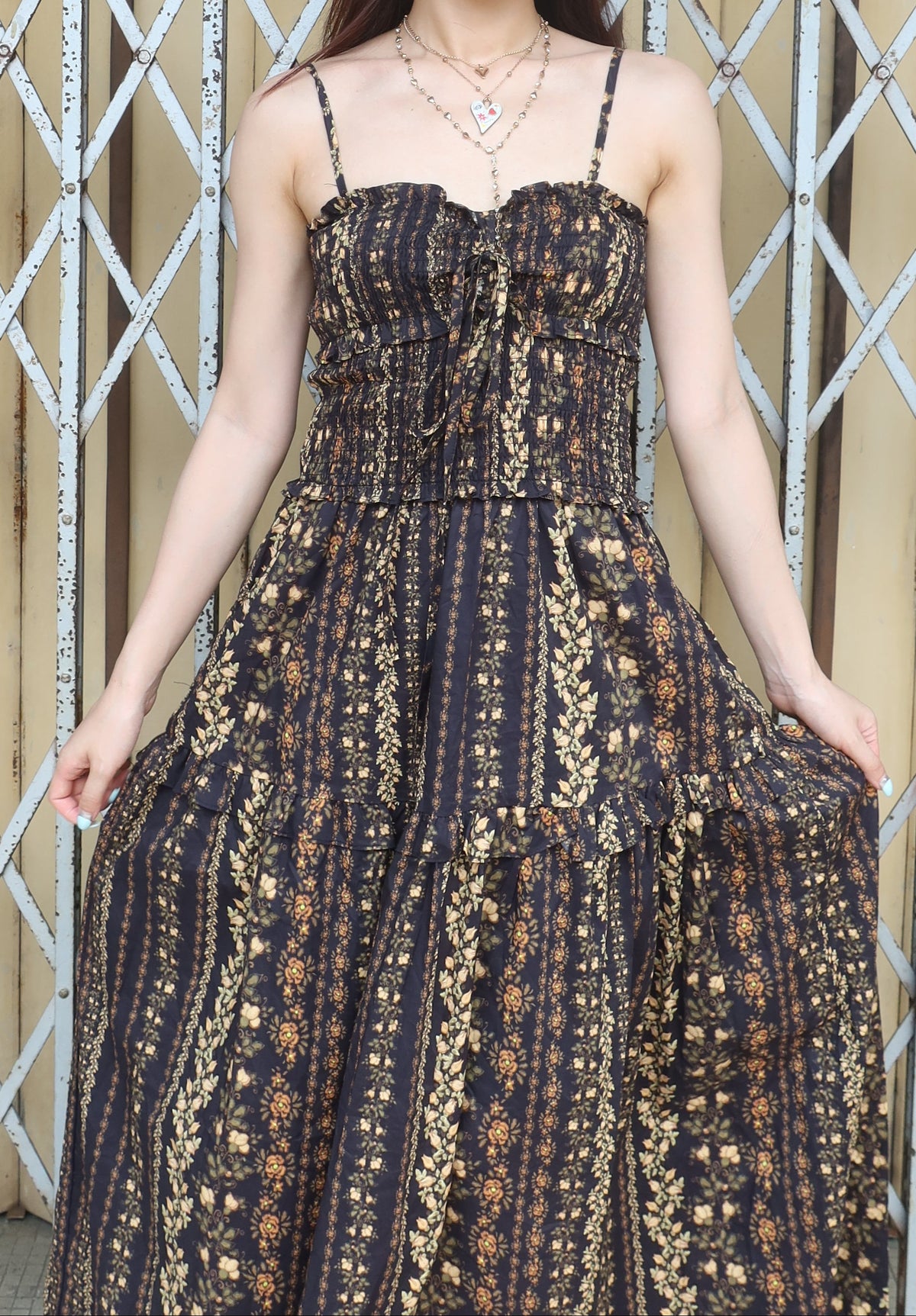 Long Floral Print Dress黑色印花长款连衣裙