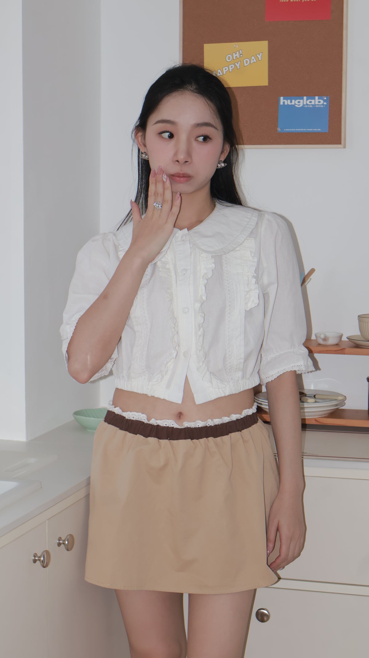 Cute Shirt+Coffee Khaki Mini Skirt韩系减龄学院风衬衫