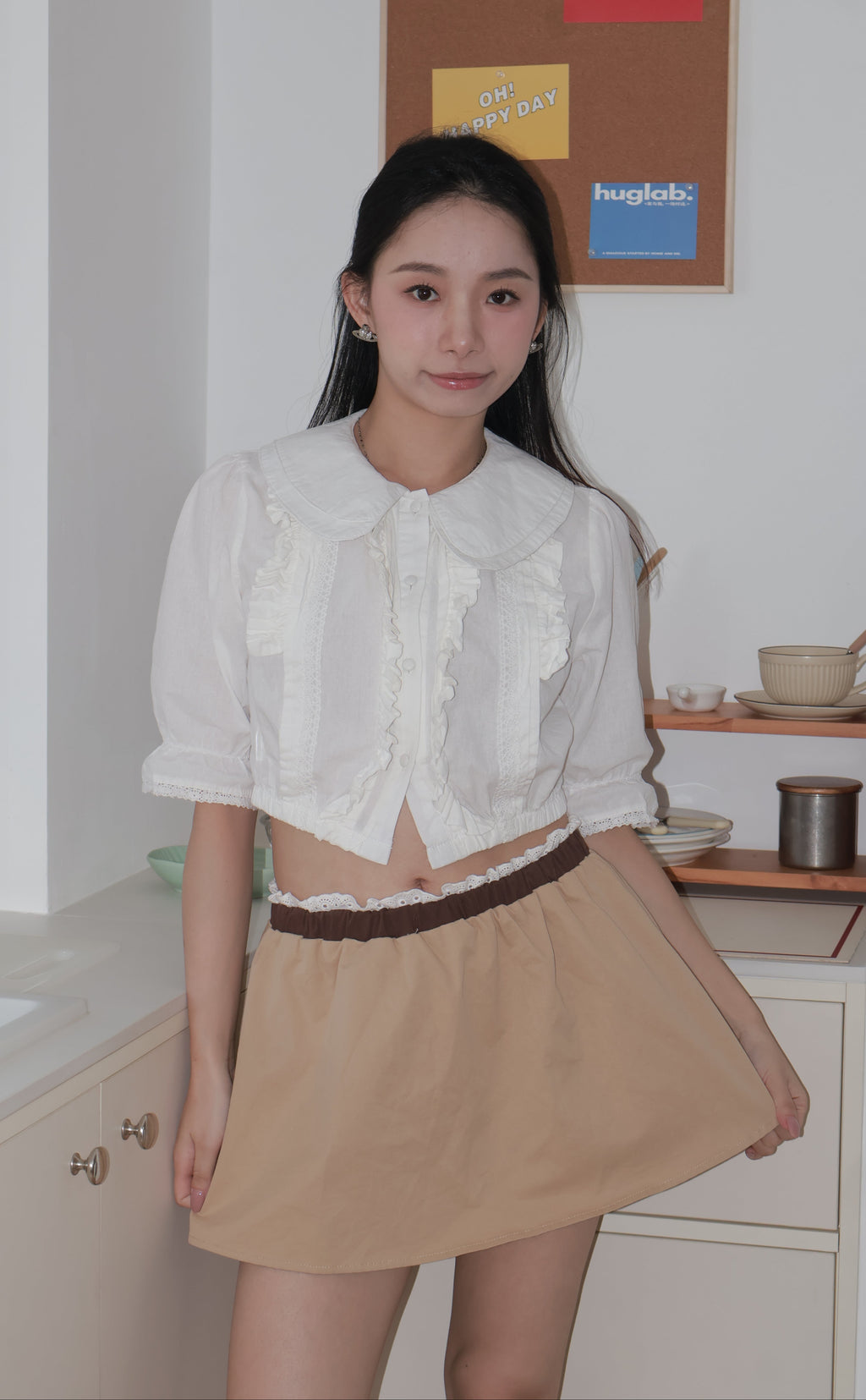 Cute Shirt+Coffee Khaki Mini Skirt韩系减龄学院风衬衫