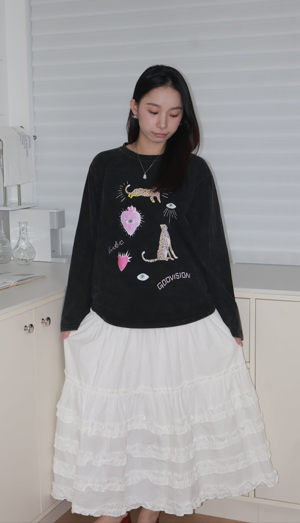 Printed Long-Sleeve T-Shirt印花水洗黑色长袖
