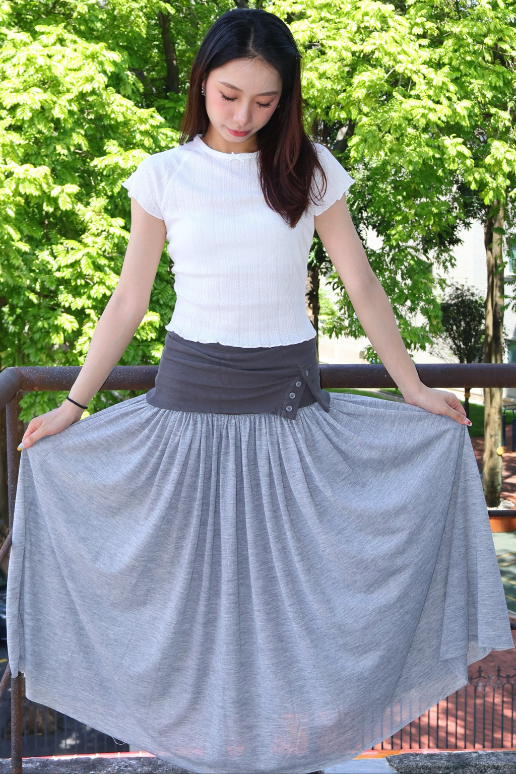 Belle Design Grey Patchwork Pleated Mixi Skirt 灰色拼接褶皱半身长裙