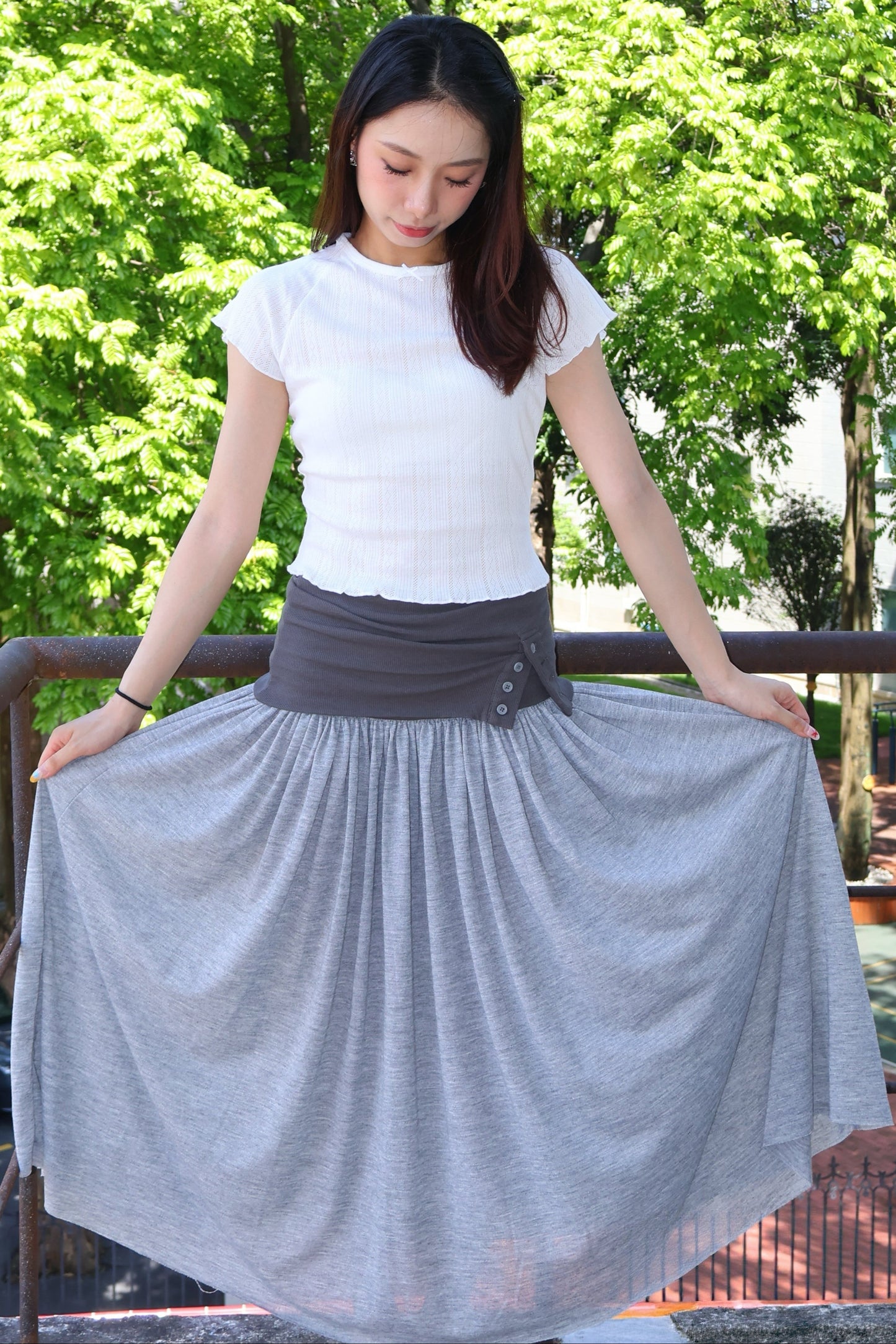 Belle Design Grey Patchwork Pleated Mixi Skirt 灰色拼接褶皱半身长裙
