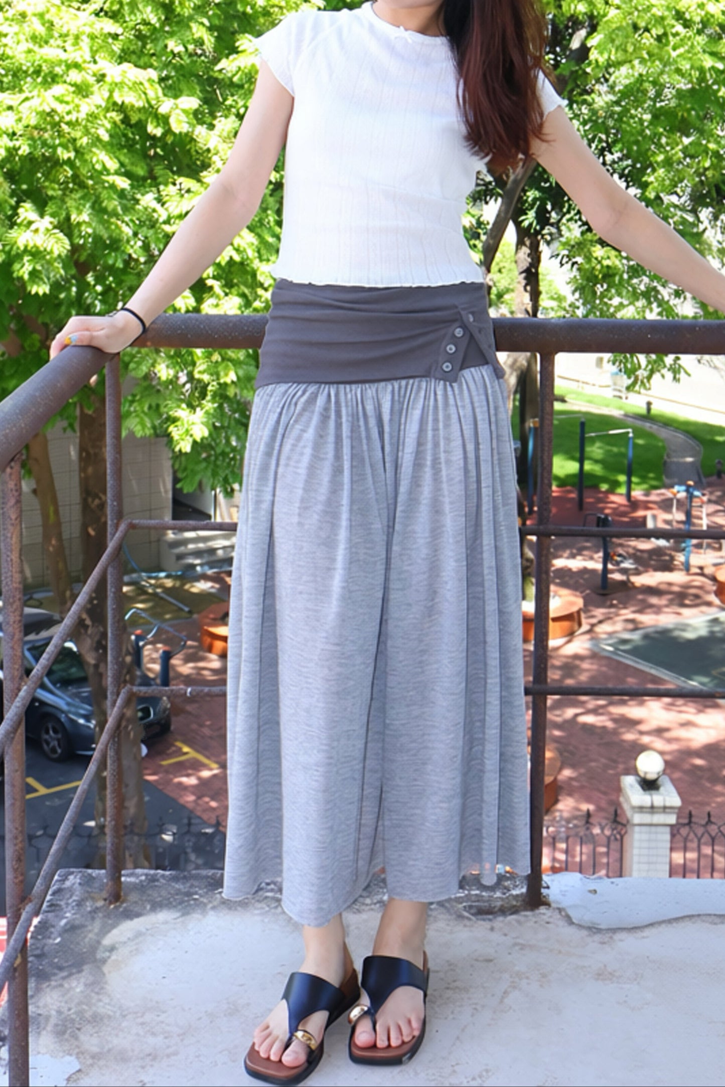Belle Design Grey Patchwork Pleated Mixi Skirt 灰色拼接褶皱半身长裙