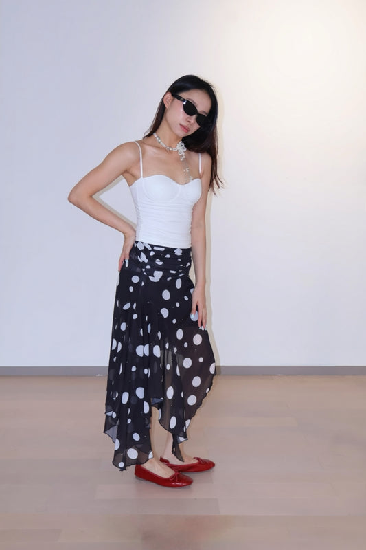 Asymmetrical Polka Dot Slit Midi Skirt不规则波点开衩半身裙