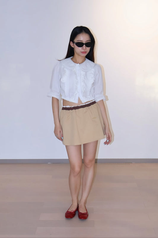 Cute Shirt+Coffee Khaki Mini Skirt韩系减龄学院风