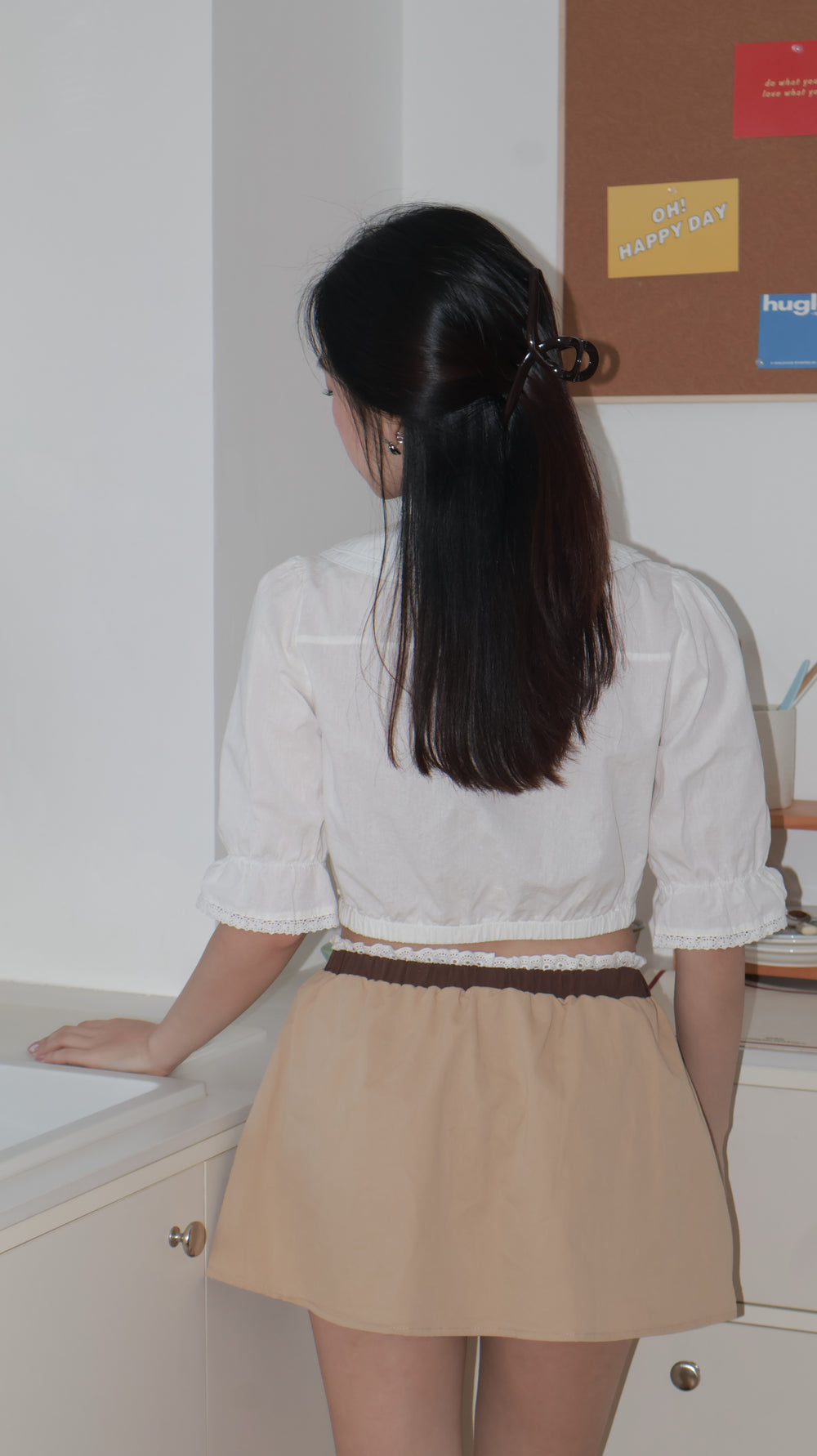 Cute Shirt+Coffee Khaki Mini Skirt韩系减龄学院风衬衫