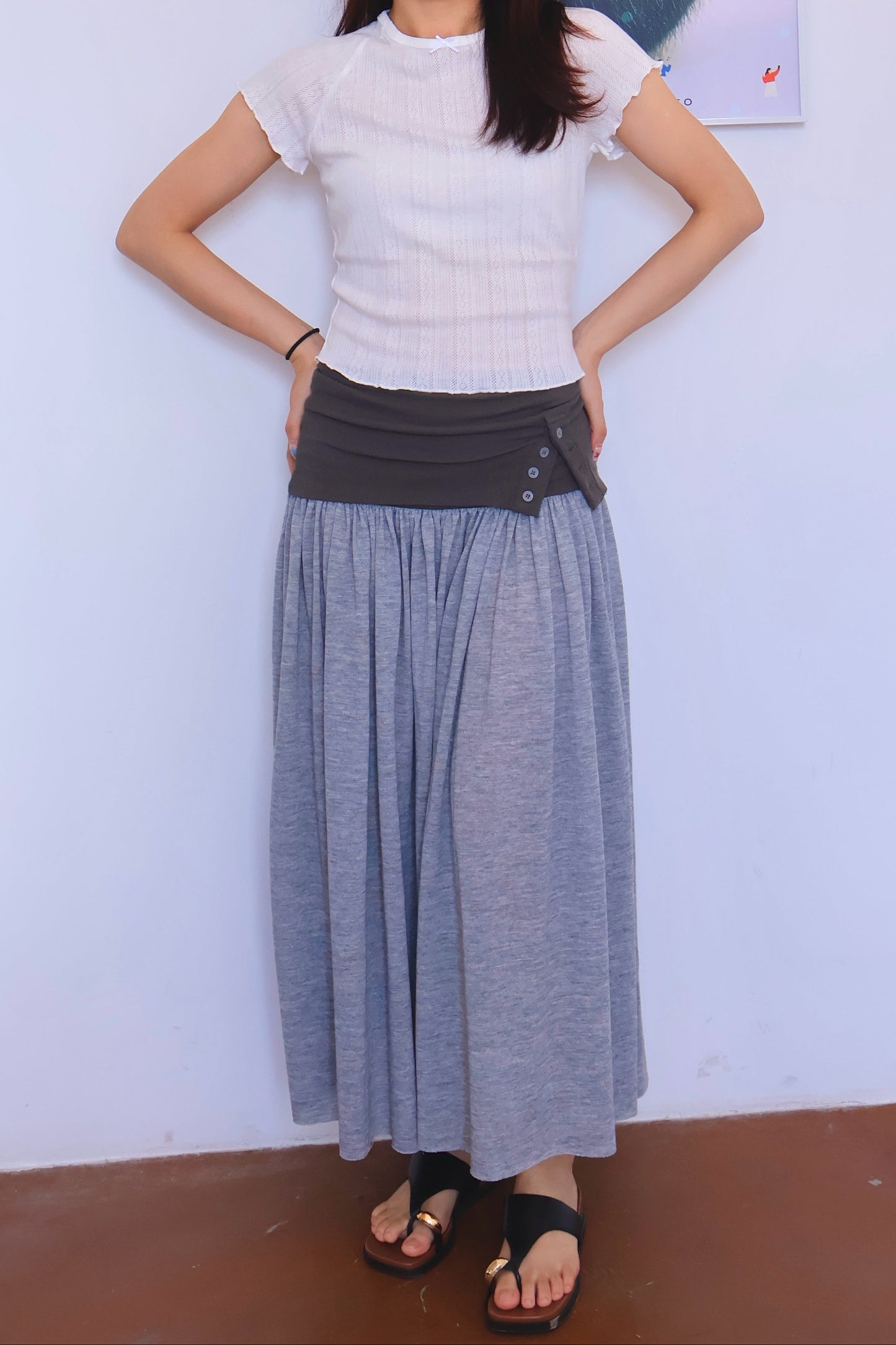 Belle Design Grey Patchwork Pleated Mixi Skirt 灰色拼接褶皱半身长裙